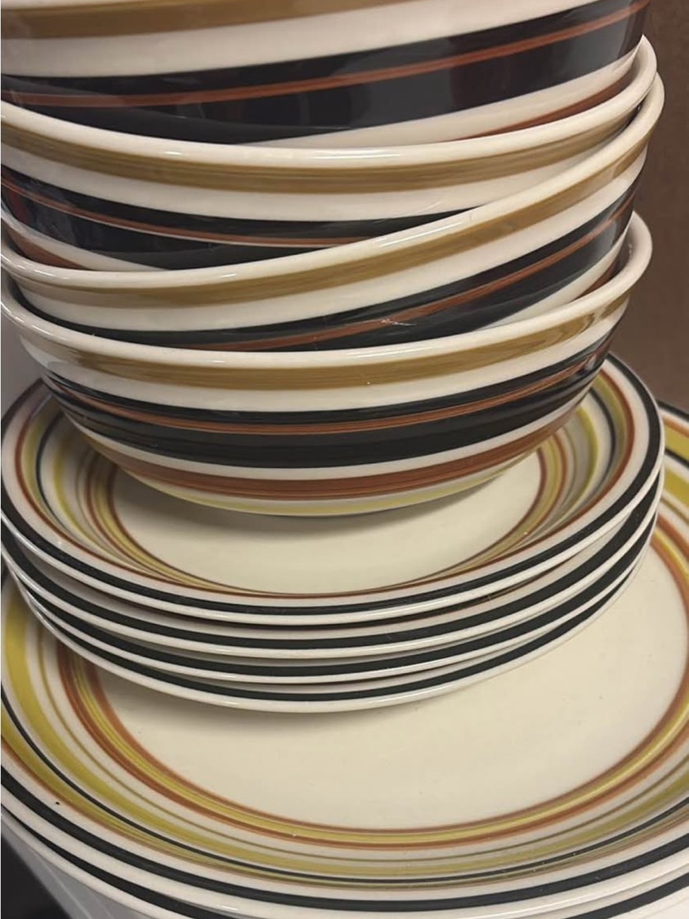 Striped Ceramic Dinnerware Set in Black, Brown & Mustard